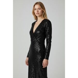 Vampy Glam Sequin Deep V Bodycon Midi Dress Black Women's Small